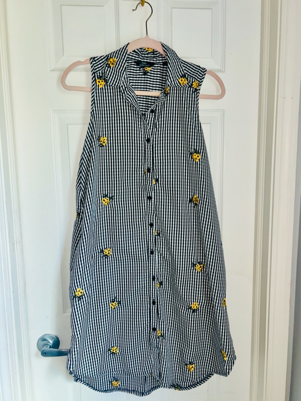Mlle Gabrielle Black & White Gingham Sleeveless Dress with Yellow Floral Accents